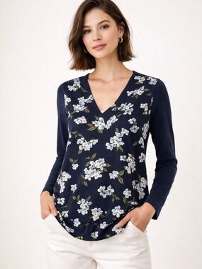 LOFT Long Sleeve Floral Top Women Size Medium Navy Blue Career Workwear Capsule